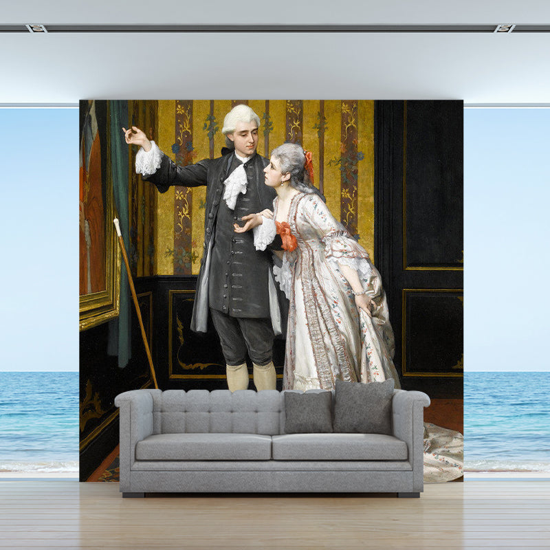 Big Antique Mural Wallpaper in Yellow and White Gentleman and Lady Wall Decor, Made to Measure Clearhalo 'Wall Decor' 'Wall Mural' 1171838