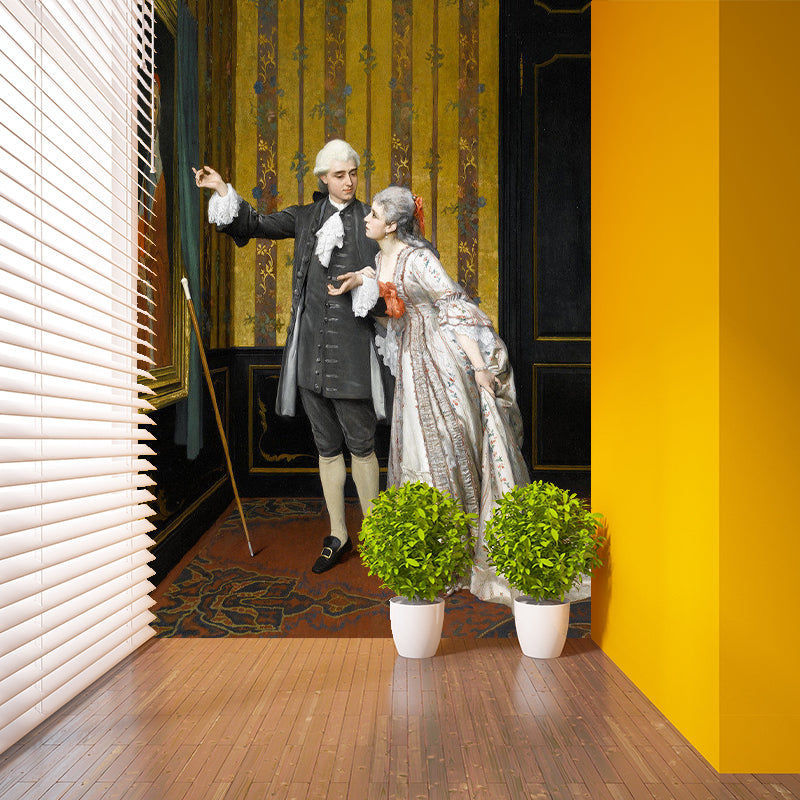 Big Antique Mural Wallpaper in Yellow and White Gentleman and Lady Wall Decor, Made to Measure Clearhalo 'Wall Decor' 'Wall Mural' 1171839