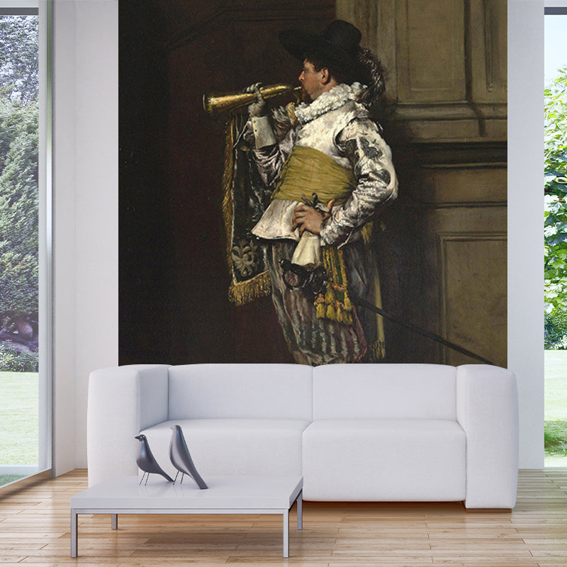 Victoria Trumpet Man Painting Mural Brown Home Gallery Wall Decoration, Size Optional Clearhalo 'Wall Decor' 'Wall Mural' 1172363