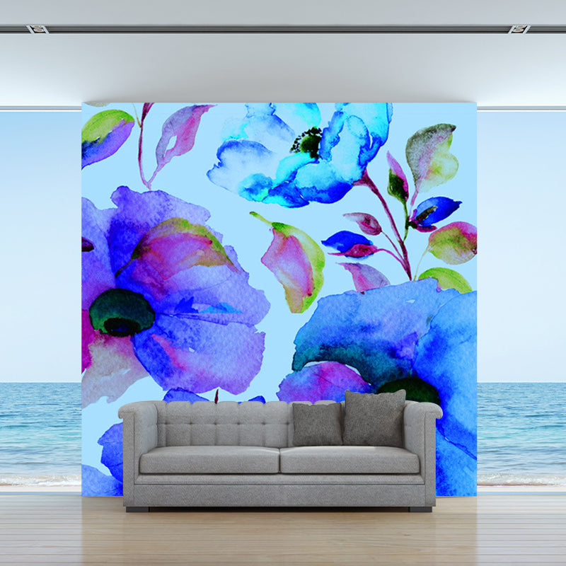 Blue Blooming Flower Wallpaper Murals Stain Resistant Wall Covering for Living Room Clearhalo 'Wall Decor' 'Wall Mural' 1172469