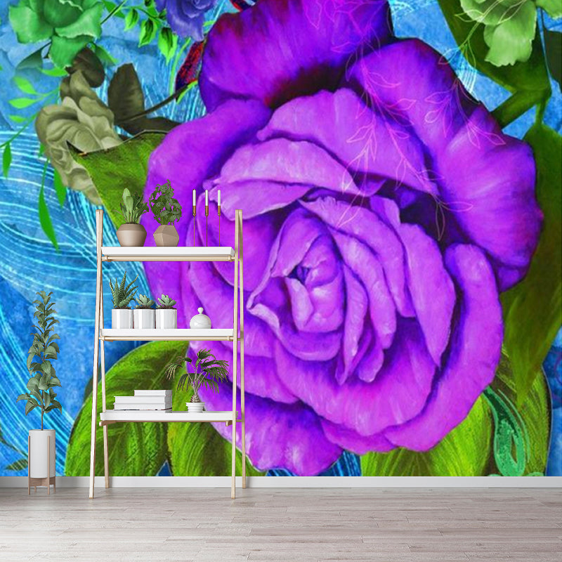 Blue-Purple Rose Murals Wallpaper Flower Modern Stain Resistant Wall Decor for Bedroom Blue-Purple Clearhalo 'Wall Decor' 'Wall Mural' 1172505