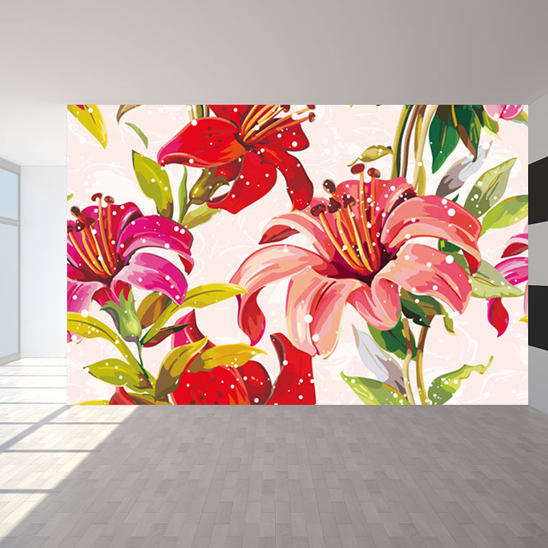 Beautiful Blossoming Lily Murals Wallpaper for Bedroom in Pink-Green, Stain Resistant Pink-Green Clearhalo 'Wall Decor' 'Wall Mural' 1172575