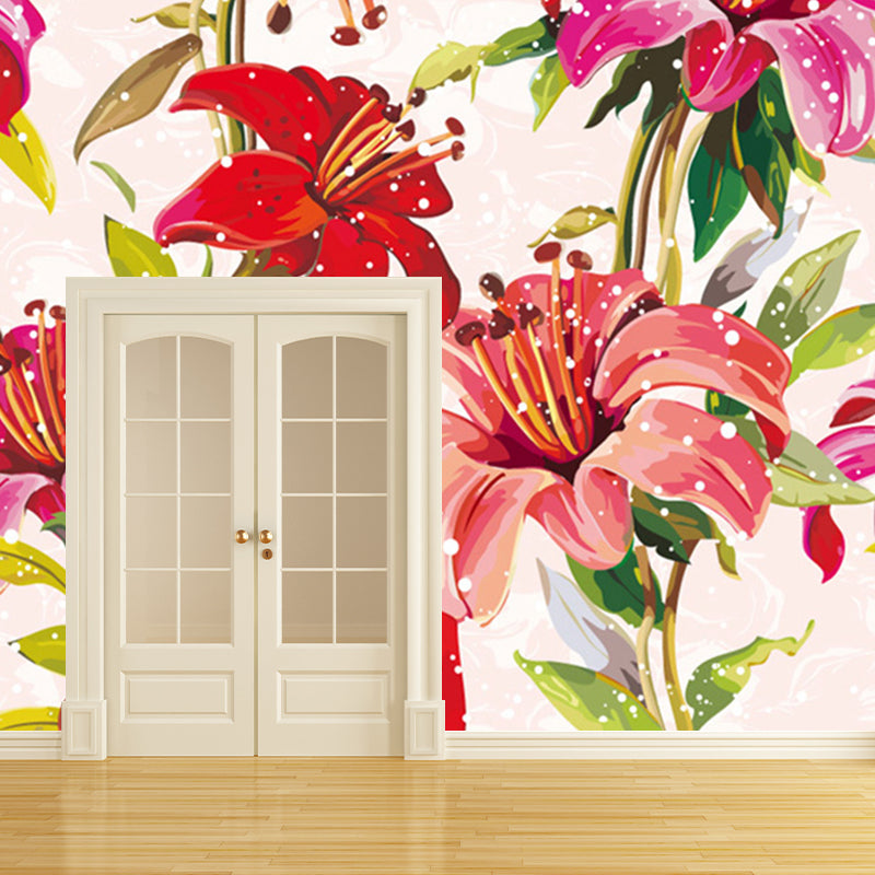 Beautiful Blossoming Lily Murals Wallpaper for Bedroom in Pink-Green, Stain Resistant Clearhalo 'Wall Decor' 'Wall Mural' 1172576