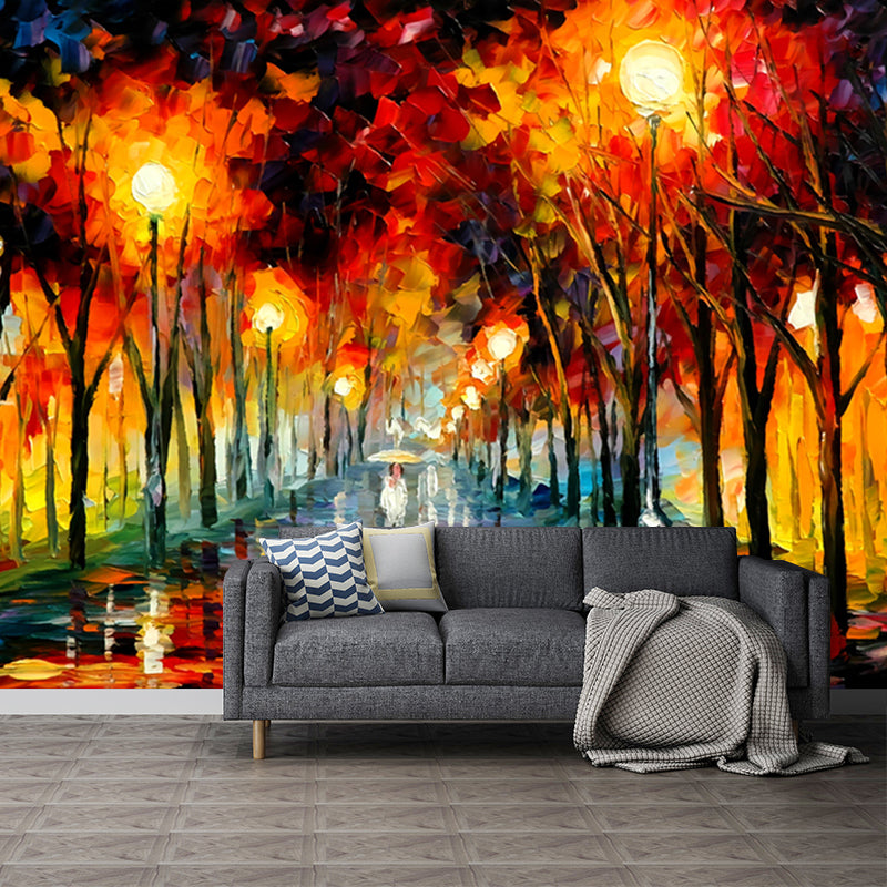 Stain-Resistant Murals Classical Non-Woven Wall Art with Raining Street at Autumn Night Pattern Orange Clearhalo 'Wall Decor' 'Wall Mural' 1172645