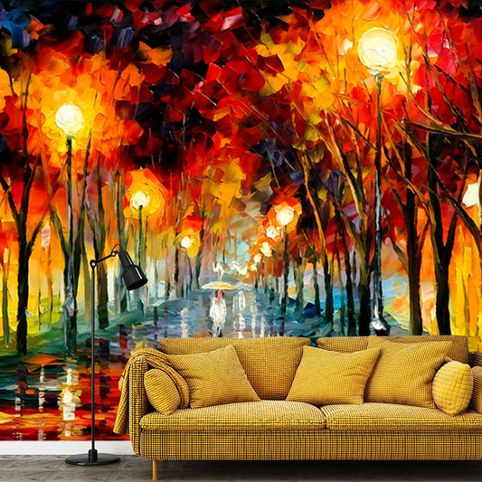 Stain-Resistant Murals Classical Non-Woven Wall Art with Raining Street at Autumn Night Pattern Clearhalo 'Wall Decor' 'Wall Mural' 1172646