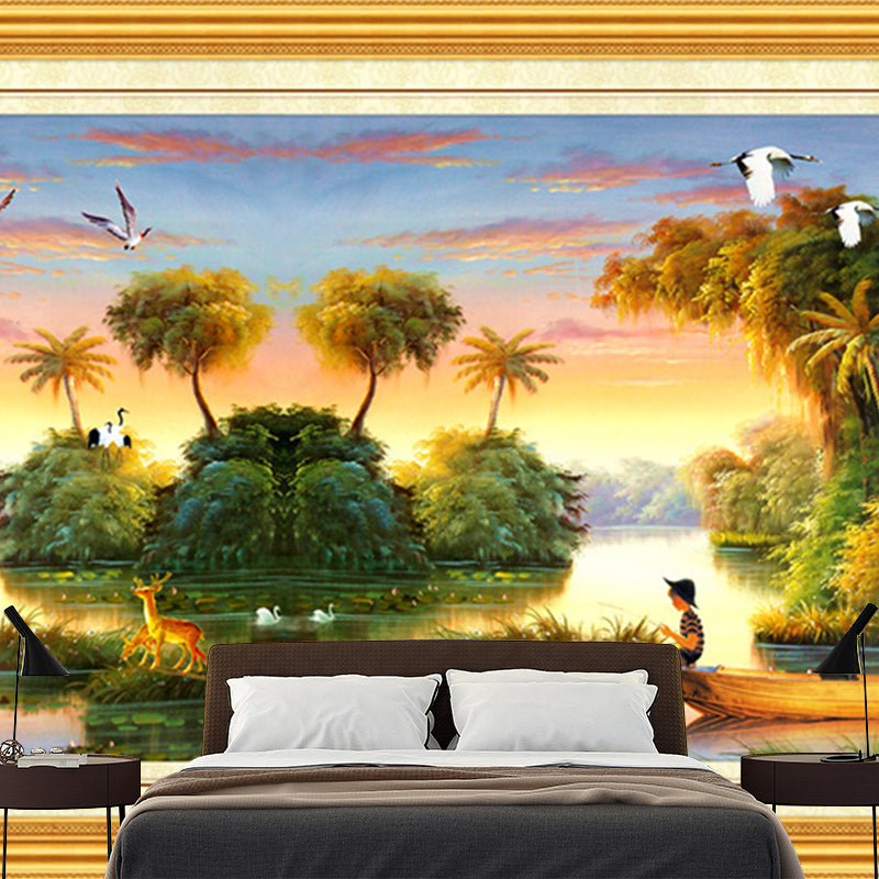 Tropical Water Park Mural Wallpaper for Living Room Custom Size Wall Art in Yellow-Green Yellow-Green Clearhalo 'Wall Decor' 'Wall Mural' 1172675