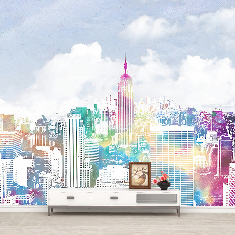 Urban Manhattan City View Murals Blue-Purple Moisture Resistant Wall Art for Living Room Clearhalo 'Wall Decor' 'Wall Mural' 1172796