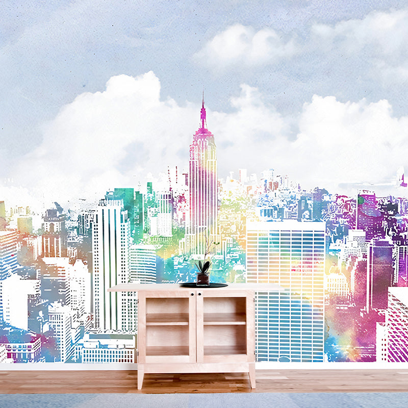 Urban Manhattan City View Murals Blue-Purple Moisture Resistant Wall Art for Living Room Clearhalo 'Wall Decor' 'Wall Mural' 1172797