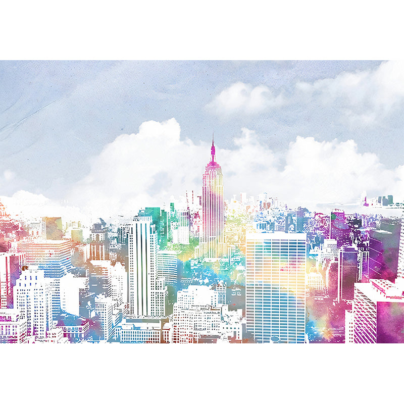 Urban Manhattan City View Murals Blue-Purple Moisture Resistant Wall Art for Living Room Clearhalo 'Wall Decor' 'Wall Mural' 1172798