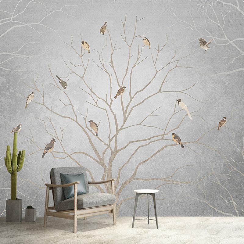 Waterproof Wallpaper Murals Minimalistic Non-Woven Wall Art with Birds and Bare Tree Pattern Brown Clearhalo 'Wall Decor' 'Wall Mural' 1172885