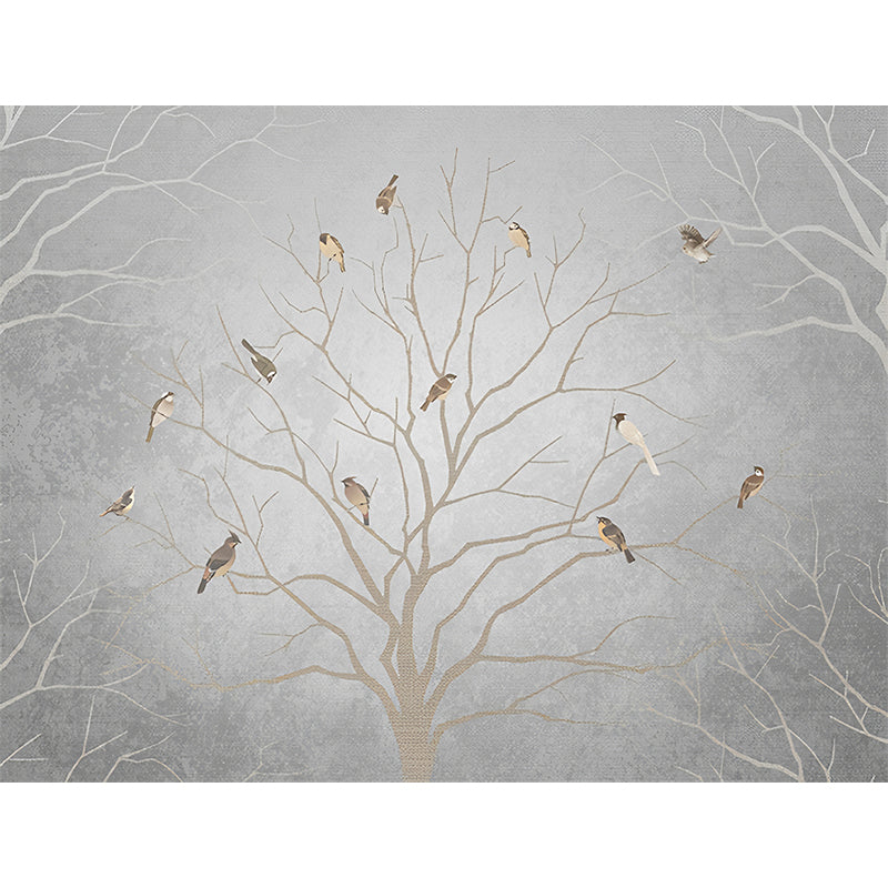 Waterproof Wallpaper Murals Minimalistic Non-Woven Wall Art with Birds and Bare Tree Pattern Clearhalo 'Wall Decor' 'Wall Mural' 1172888