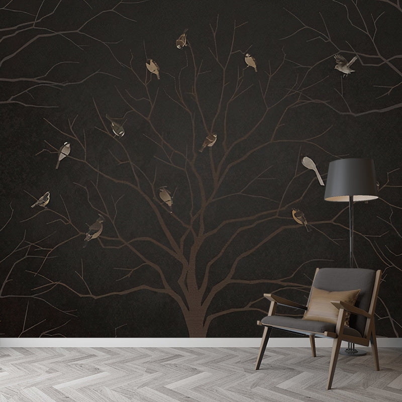 Waterproof Wallpaper Murals Minimalistic Non-Woven Wall Art with Birds and Bare Tree Pattern Clearhalo 'Wall Decor' 'Wall Mural' 1172891