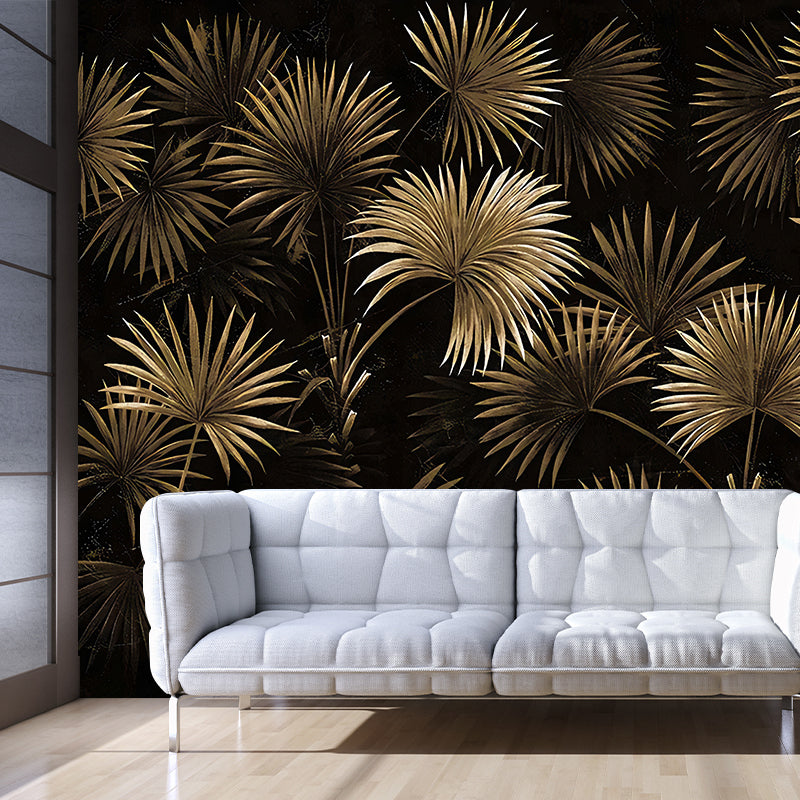 Tropical Plant Fern Leaves Mural Gold and Black Waterproof Wall Decor for Living Room Clearhalo 'Wall Decor' 'Wall Mural' 1172931