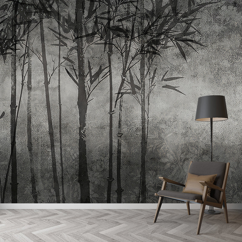 Asia Night Bamboo Forest Murals Grey and Black Dining Room Wall Art, Size Optional Clearhalo 'Wall Decor' 'Wall Mural' 1172937