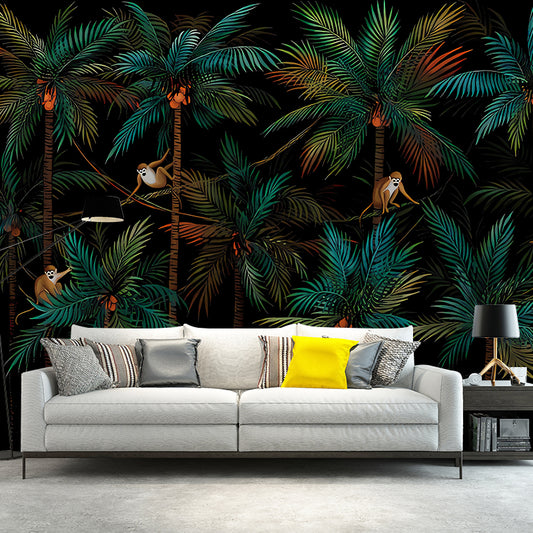 Tropical Coconut Jungle Wall Murals Dark Color Living Room Wall Decoration, Custom Size Clearhalo 'Wall Decor' 'Wall Mural' 1173036