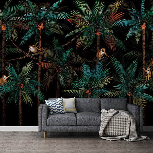 Tropical Coconut Jungle Wall Murals Dark Color Living Room Wall Decoration, Custom Size Clearhalo 'Wall Decor' 'Wall Mural' 1173037