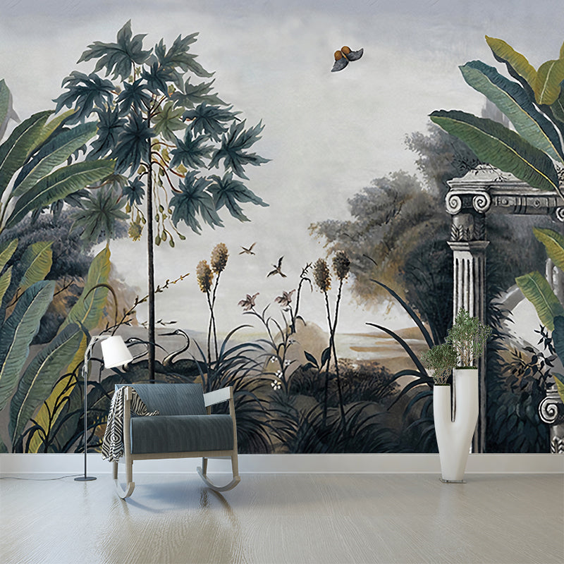 Whole Illustration Tropical Murals with Lakeside Scenery Pattern, Blackish Green Clearhalo 'Wall Decor' 'Wall Mural' 1173066