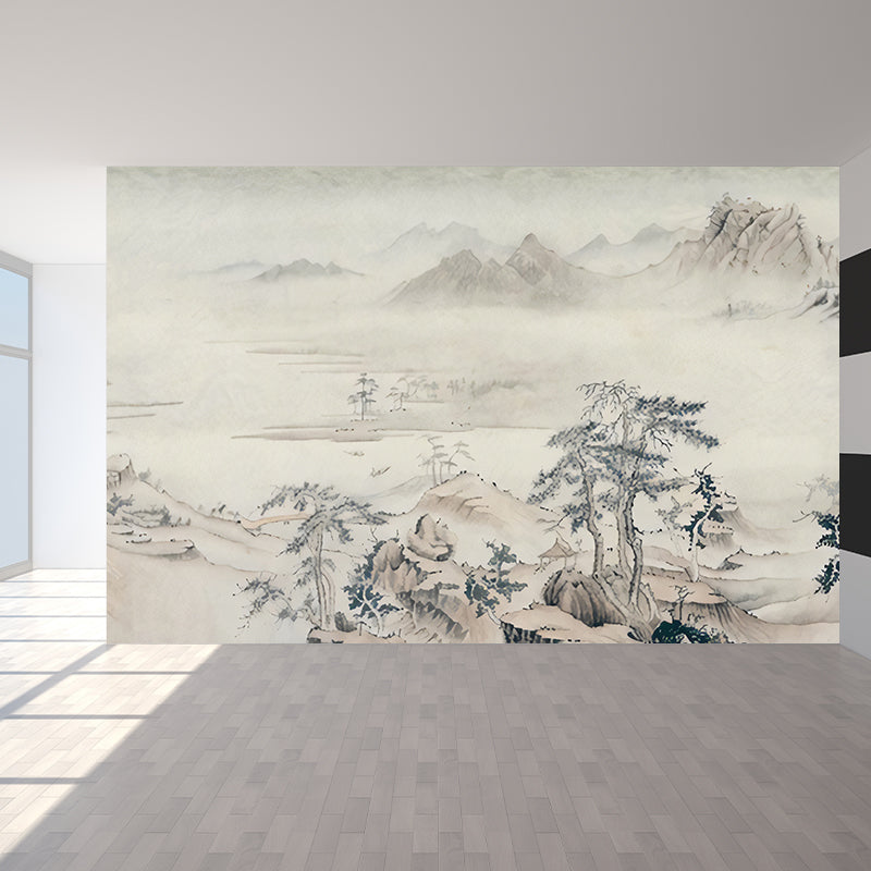 Asian Pine Tree Wall Murals for Home Decor Custom Wall Covering in Grey-Light Yellow Clearhalo 'Wall Decor' 'Wall Mural' 1173081