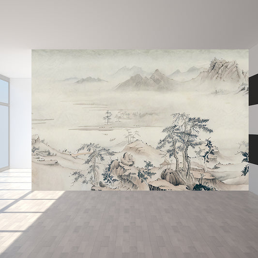 Asian Pine Tree Wall Murals for Home Decor Custom Wall Covering in Grey-Light Yellow Clearhalo 'Wall Decor' 'Wall Mural' 1173081