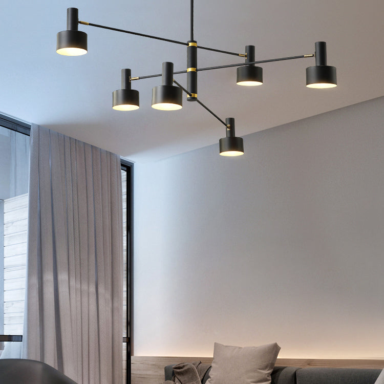 Black/White Nordic Long Arm Chandelier with Drum Shade Metal Hanging Lighting for Living Room Hote Clearhalo 'Ceiling Lights' 'Chandeliers' 'Modern Chandeliers' 'Modern' Lighting' 117312