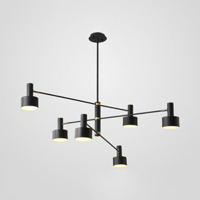 Black/White Nordic Long Arm Chandelier with Drum Shade Metal Hanging Lighting for Living Room Hote 6 Black Clearhalo 'Ceiling Lights' 'Chandeliers' 'Modern Chandeliers' 'Modern' Lighting' 117313