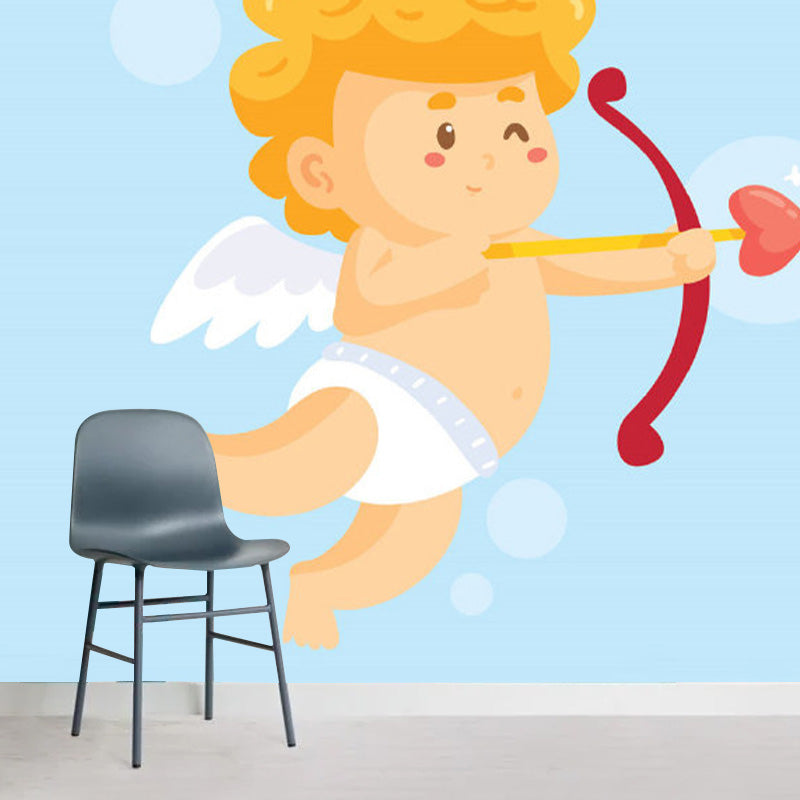 Yellow Baby Cupid Wallpaper Murals Cartoon Childrens Art Waterproof Wall Decor on Blue for Bedroom Yellow-Blue Clearhalo 'Wall Decor' 'Wall Mural' 1173215