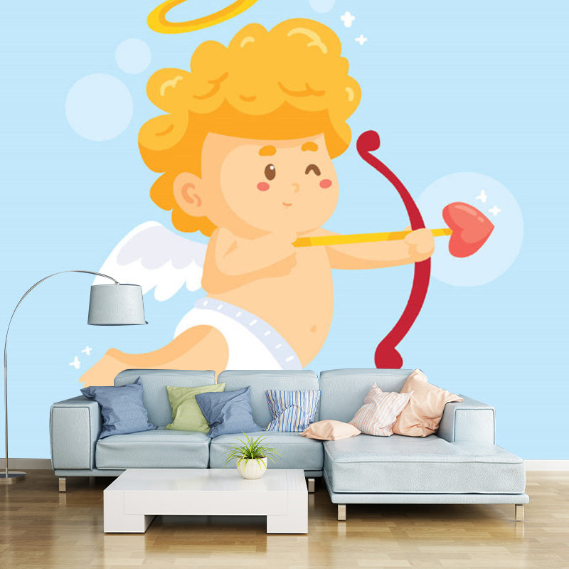 Yellow Baby Cupid Wallpaper Murals Cartoon Childrens Art Waterproof Wall Decor on Blue for Bedroom Clearhalo 'Wall Decor' 'Wall Mural' 1173217