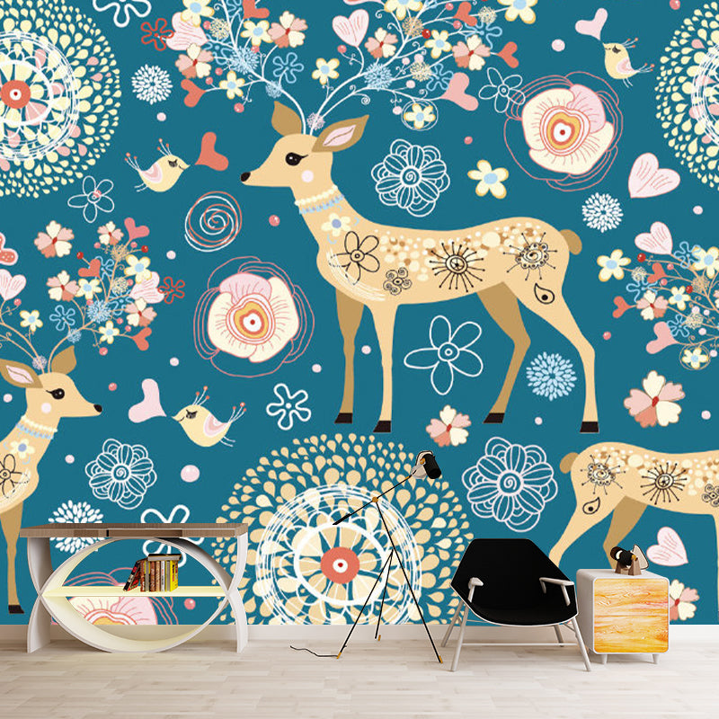 Yellow-Blue Sika Deer Murals Animal Childrens Art Moisture Resistant Wall Decor for Nursery Yellow-Blue Clearhalo 'Wall Decor' 'Wall Mural' 1173235