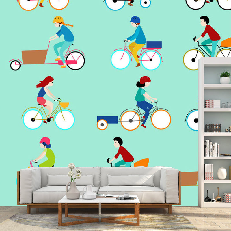 Bike Ride Transportation Mural Childrens Art Non-Woven Fabric Wall Covering for Bedroom Aqua Clearhalo 'Wall Decor' 'Wall Mural' 1173260