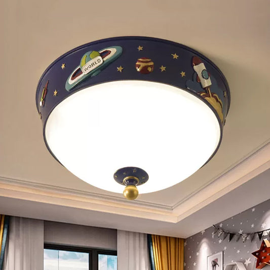 White Glass Bowl Ceiling Light Cartoon LED Blue Flush Mount Lighting with Space Pattern in Warm/White Light Blue Clearhalo 'Ceiling Lights' 'Close To Ceiling Lights' 'Close to ceiling' 'Flush mount' Lighting' 1173576