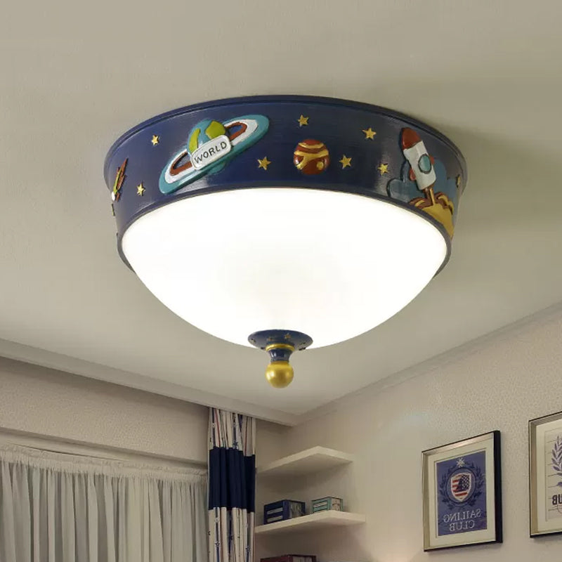 White Glass Bowl Ceiling Light Cartoon LED Blue Flush Mount Lighting with Space Pattern in Warm/White Light Clearhalo 'Ceiling Lights' 'Close To Ceiling Lights' 'Close to ceiling' 'Flush mount' Lighting' 1173577