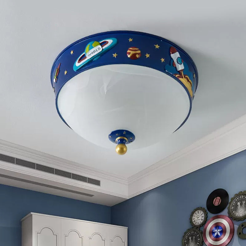 White Glass Bowl Ceiling Light Cartoon LED Blue Flush Mount Lighting with Space Pattern in Warm/White Light Clearhalo 'Ceiling Lights' 'Close To Ceiling Lights' 'Close to ceiling' 'Flush mount' Lighting' 1173578