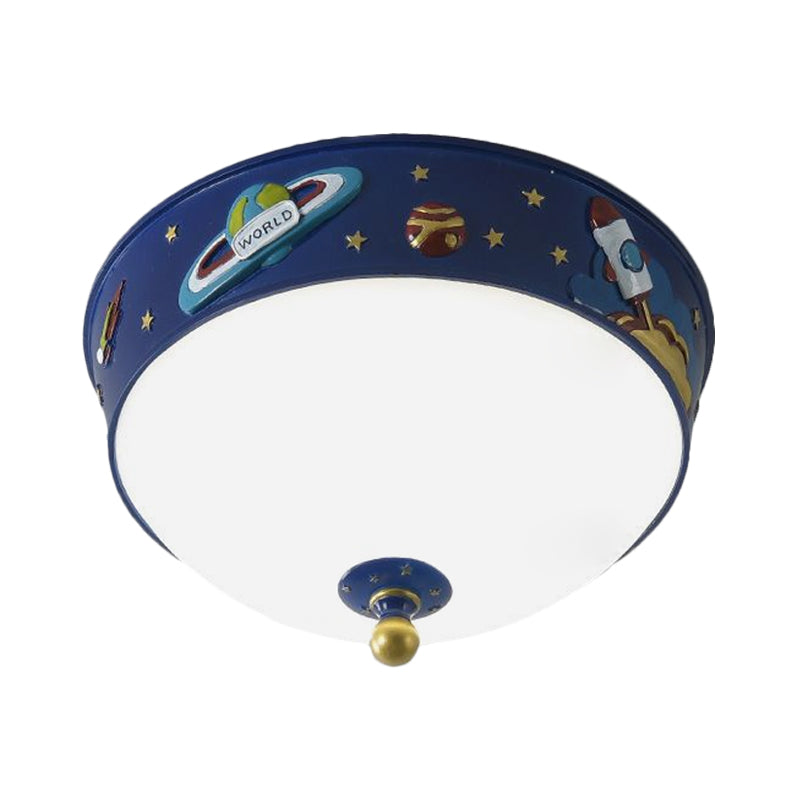 White Glass Bowl Ceiling Light Cartoon LED Blue Flush Mount Lighting with Space Pattern in Warm/White Light Clearhalo 'Ceiling Lights' 'Close To Ceiling Lights' 'Close to ceiling' 'Flush mount' Lighting' 1173579