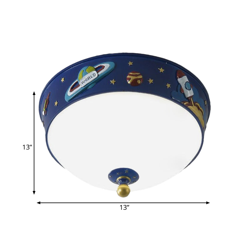 White Glass Bowl Ceiling Light Cartoon LED Blue Flush Mount Lighting with Space Pattern in Warm/White Light Clearhalo 'Ceiling Lights' 'Close To Ceiling Lights' 'Close to ceiling' 'Flush mount' Lighting' 1173580