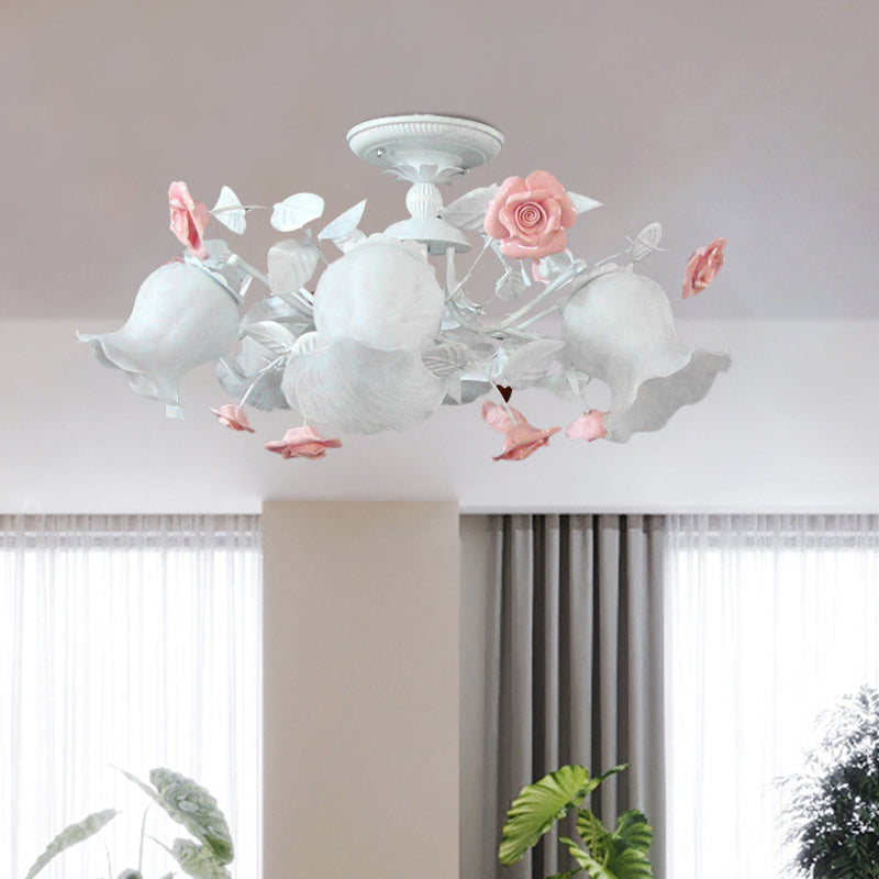 6 Heads Semi Flush Light Korean Garden Blossom White Glass Flush Mount Lighting Fixture Clearhalo 'Ceiling Lights' 'Close To Ceiling Lights' 'Close to ceiling' 'Glass shade' 'Glass' 'Semi-flushmount' Lighting' 1173619