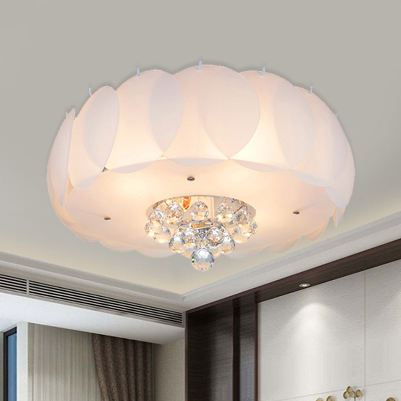 Drum Frosted White Glass Flushmount Modern 4/5 Bulbs Bedroom Ceiling Lamp with Crystal Ball, 19.5"/23.5" Width White Clearhalo 'Ceiling Lights' 'Close To Ceiling Lights' 'Close to ceiling' 'Flush mount' Lighting' 1173629