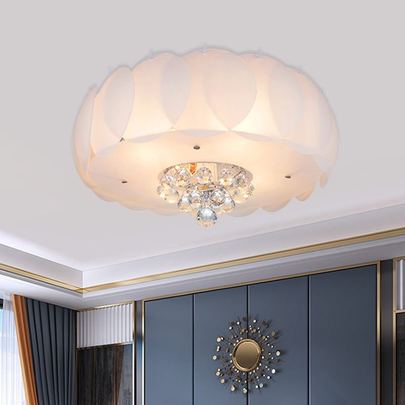 Drum Frosted White Glass Flushmount Modern 4/5 Bulbs Bedroom Ceiling Lamp with Crystal Ball, 19.5"/23.5" Width Clearhalo 'Ceiling Lights' 'Close To Ceiling Lights' 'Close to ceiling' 'Flush mount' Lighting' 1173630