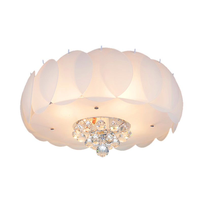 Drum Frosted White Glass Flushmount Modern 4/5 Bulbs Bedroom Ceiling Lamp with Crystal Ball, 19.5"/23.5" Width Clearhalo 'Ceiling Lights' 'Close To Ceiling Lights' 'Close to ceiling' 'Flush mount' Lighting' 1173631