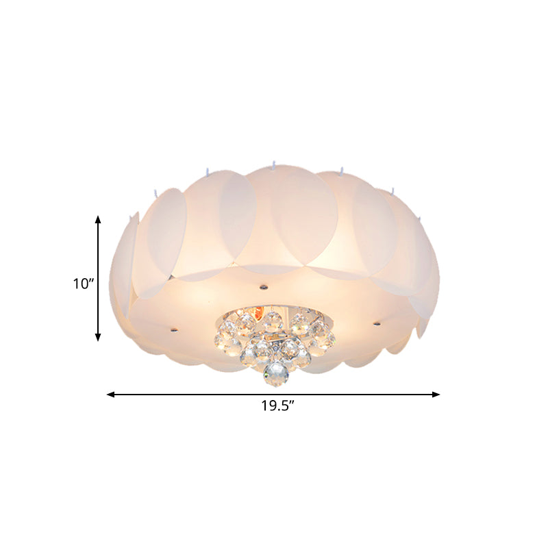 Drum Frosted White Glass Flushmount Modern 4/5 Bulbs Bedroom Ceiling Lamp with Crystal Ball, 19.5"/23.5" Width Clearhalo 'Ceiling Lights' 'Close To Ceiling Lights' 'Close to ceiling' 'Flush mount' Lighting' 1173633