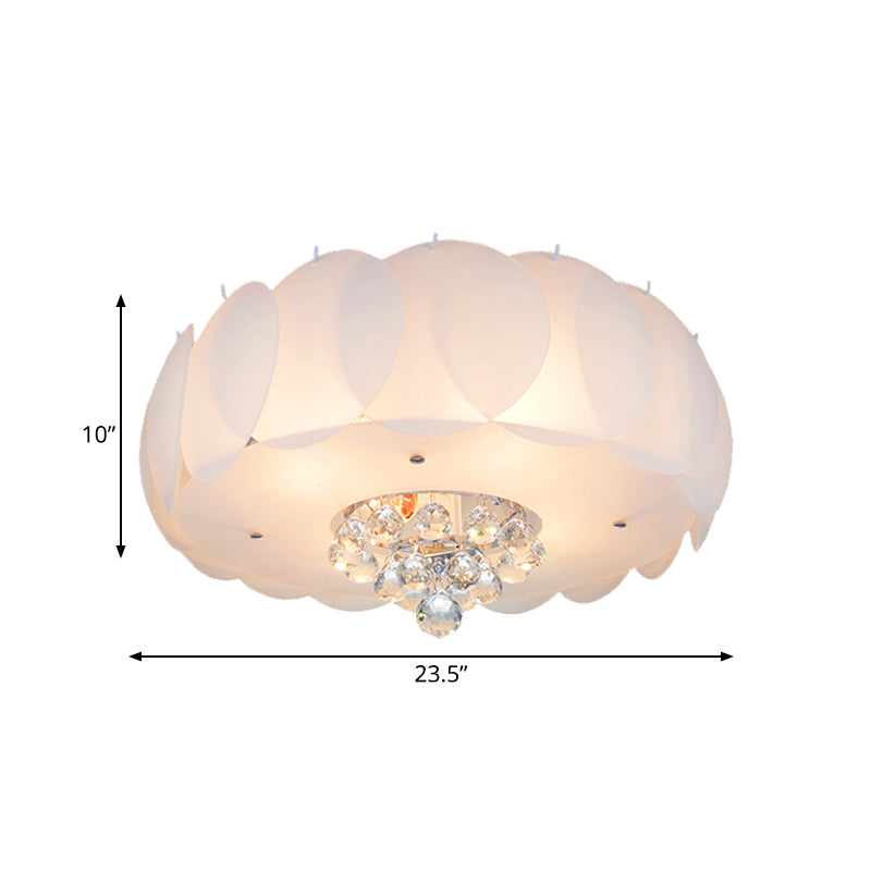 Drum Frosted White Glass Flushmount Modern 4/5 Bulbs Bedroom Ceiling Lamp with Crystal Ball, 19.5"/23.5" Width Clearhalo 'Ceiling Lights' 'Close To Ceiling Lights' 'Close to ceiling' 'Flush mount' Lighting' 1173634