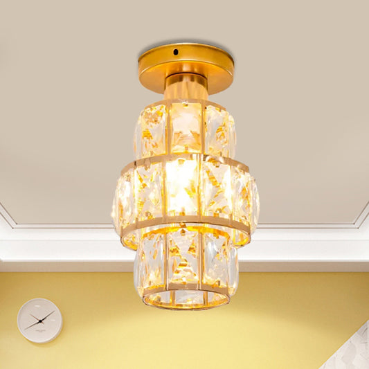 Single Beveled Crystal Inlaid Flush Light Traditional Gold Cylindrical Foyer Semi Flush Mounted Lamp Gold Clearhalo 'Ceiling Lights' 'Close To Ceiling Lights' 'Close to ceiling' 'Semi-flushmount' Lighting' 1173672