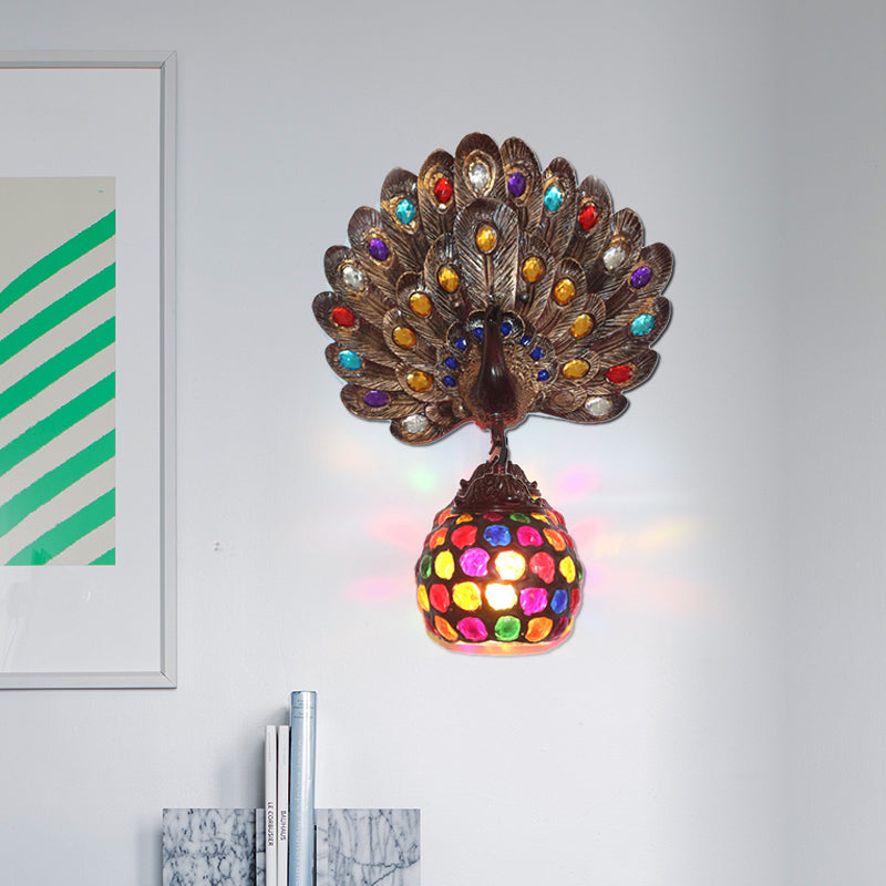 Copper Peacock Wall Mounted Light Bohemian Metal 1 Light Restaurant Wall Sconce Lamp with Global Shade Copper Clearhalo 'Wall Lamps & Sconces' 'Wall Lights' Lighting' 1173682