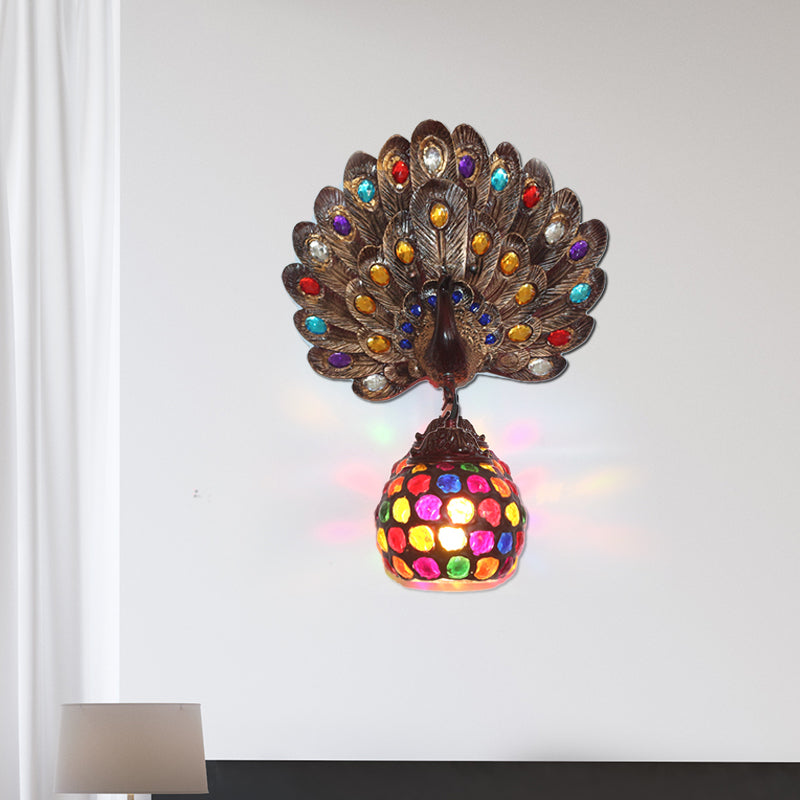 Copper Peacock Wall Mounted Light Bohemian Metal 1 Light Restaurant Wall Sconce Lamp with Global Shade Clearhalo 'Wall Lamps & Sconces' 'Wall Lights' Lighting' 1173683