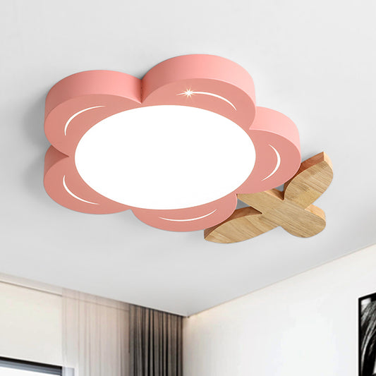 Kids Floral Ceiling Lighting Acrylic LED Nursery Flush Mount Light Fixture in Red with Wood Decor Red Clearhalo 'Ceiling Lights' 'Close To Ceiling Lights' 'Close to ceiling' 'Flush mount' Lighting' 1173751