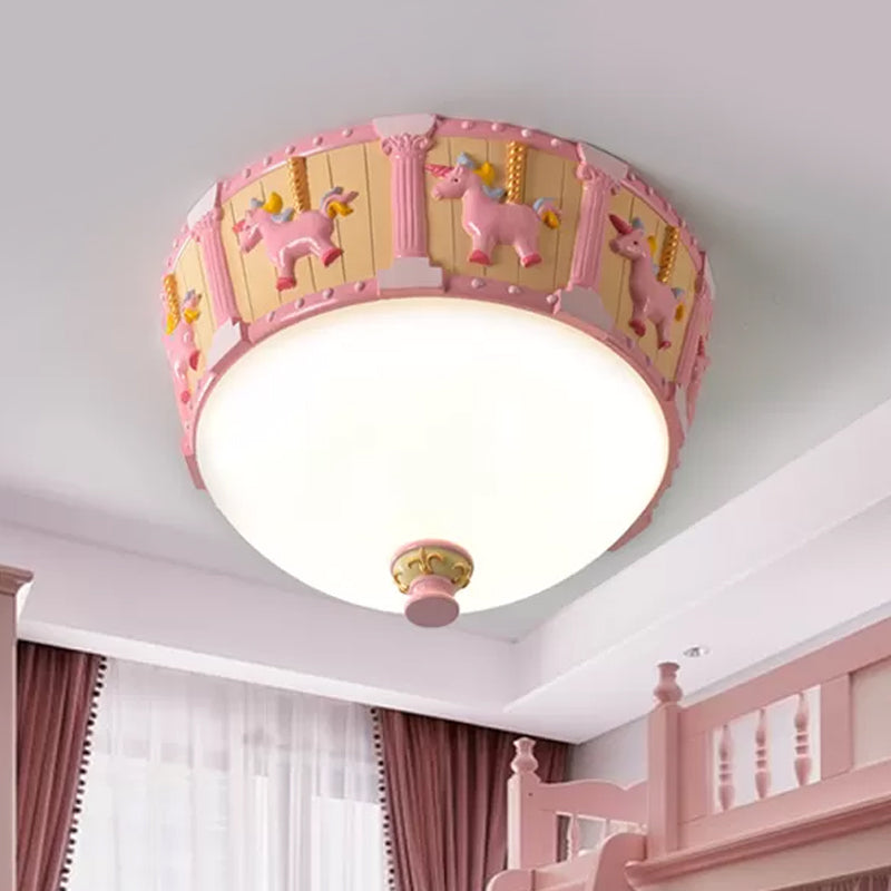 Resin Dome Flush Mount Light Kids Pink/Green LED Flushmount with Carousel Pattern in White/Warm Light Pink Clearhalo 'Ceiling Lights' 'Close To Ceiling Lights' 'Close to ceiling' 'Flush mount' Lighting' 1174162