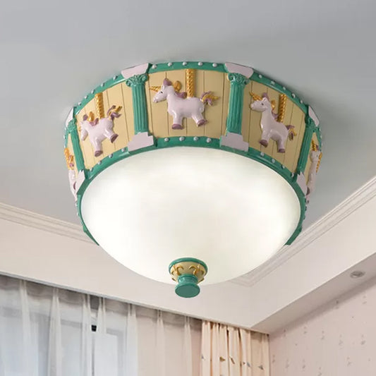 Resin Dome Flush Mount Light Kids Pink/Green LED Flushmount with Carousel Pattern in White/Warm Light Green Clearhalo 'Ceiling Lights' 'Close To Ceiling Lights' 'Close to ceiling' 'Flush mount' Lighting' 1174167