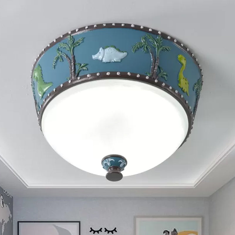 Bowl Opal Glass Ceiling Lamp Kids Blue/Yellow LED Flush Mount with Dinosaur and Tree Pattern in White/Warm Light Blue Clearhalo 'Ceiling Lights' 'Close To Ceiling Lights' 'Close to ceiling' 'Flush mount' Lighting' 1174186