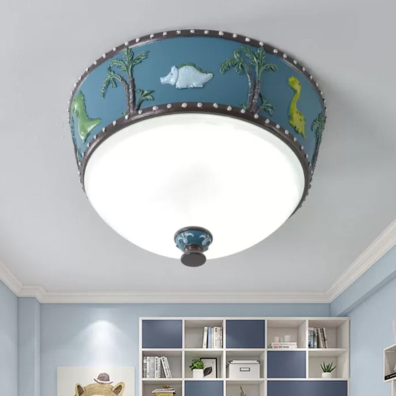 Bowl Opal Glass Ceiling Lamp Kids Blue/Yellow LED Flush Mount with Dinosaur and Tree Pattern in White/Warm Light Clearhalo 'Ceiling Lights' 'Close To Ceiling Lights' 'Close to ceiling' 'Flush mount' Lighting' 1174187