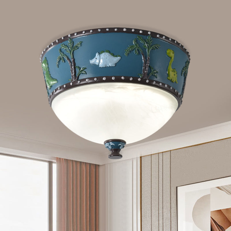 Bowl Opal Glass Ceiling Lamp Kids Blue/Yellow LED Flush Mount with Dinosaur and Tree Pattern in White/Warm Light Clearhalo 'Ceiling Lights' 'Close To Ceiling Lights' 'Close to ceiling' 'Flush mount' Lighting' 1174188