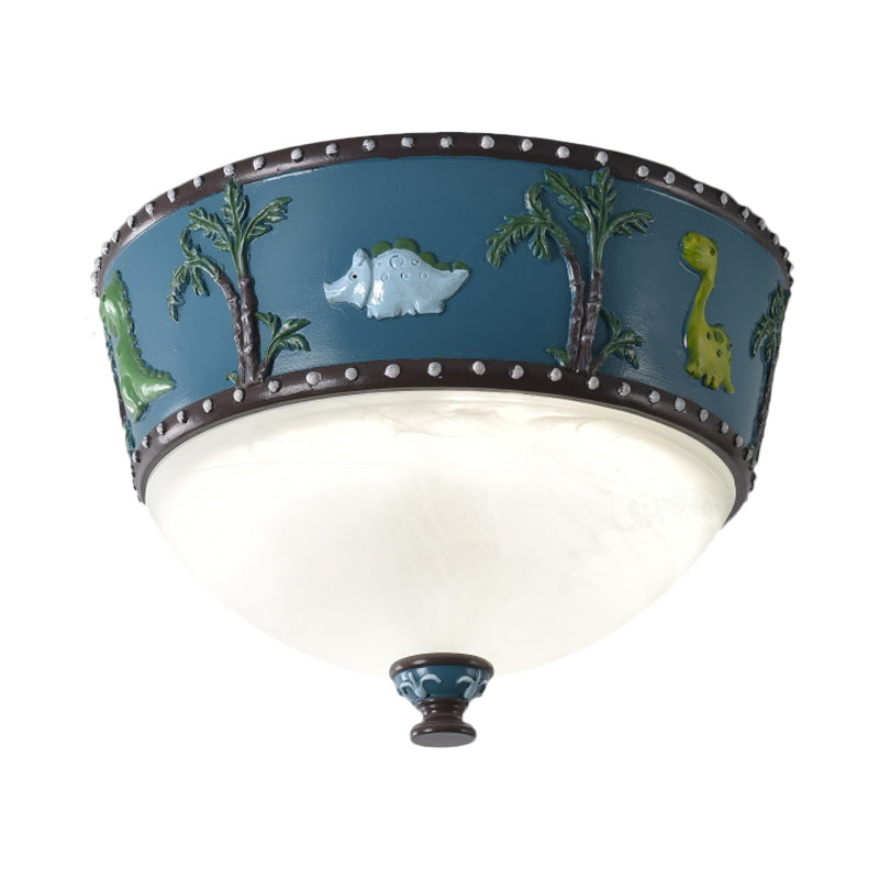 Bowl Opal Glass Ceiling Lamp Kids Blue/Yellow LED Flush Mount with Dinosaur and Tree Pattern in White/Warm Light Clearhalo 'Ceiling Lights' 'Close To Ceiling Lights' 'Close to ceiling' 'Flush mount' Lighting' 1174189